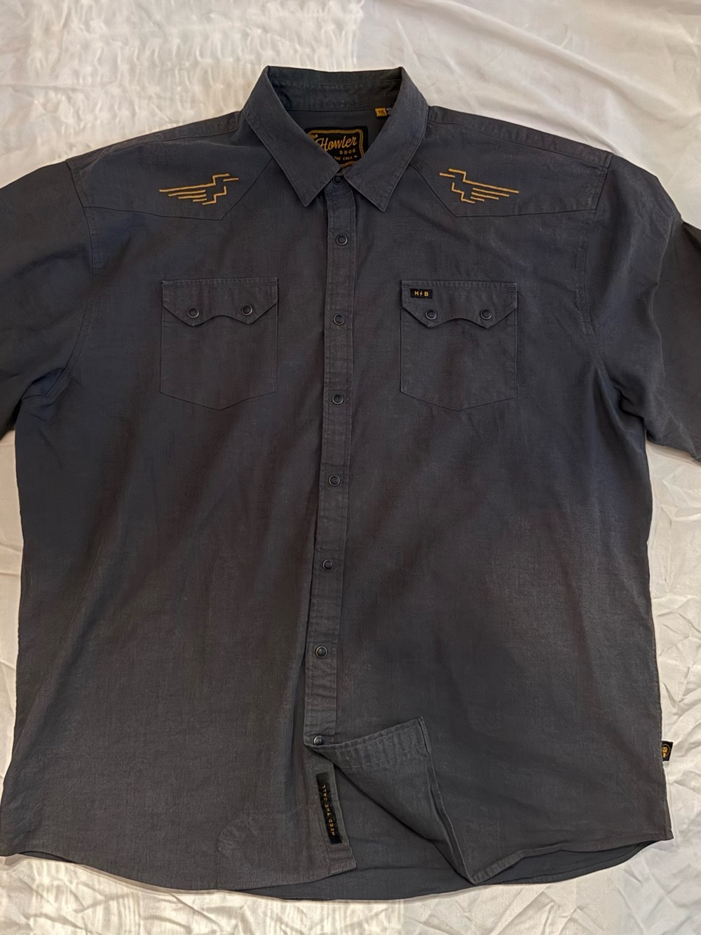 Howler Brothers Men’s Charcoal Button-Down Shirt with Gold Shoulder Embroidery - Picture 2 of 3